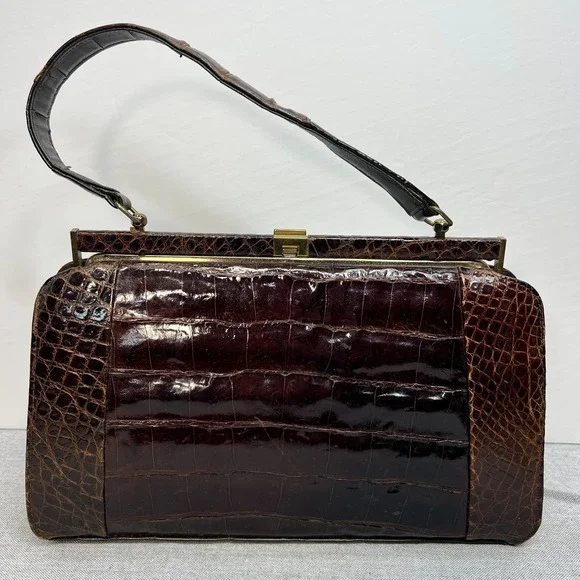 Gorgeous Vintage 1950s 60's Vassar Cognac Brown Alligator Skin Handbag Frame Bag - Picture 3 of 13
